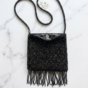 Vintage Style Black Beaded Fringe Evening Bag Flapper Gatsby Party Purse NWT
